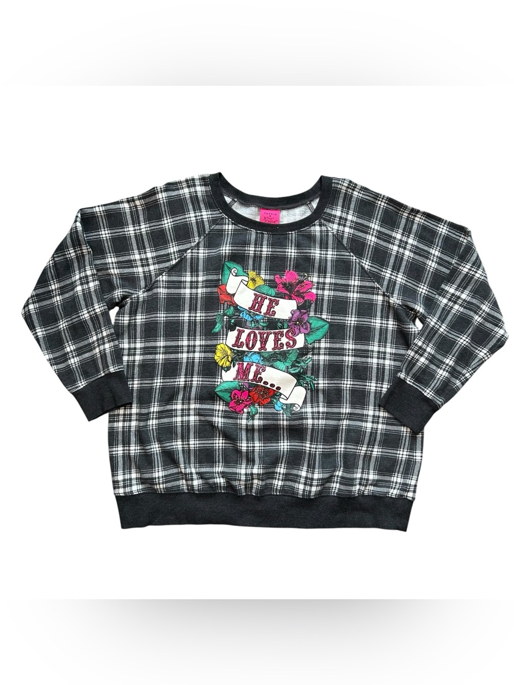Torrid BETSEY JOHNSON Womens Plus Size 1 SWEATSHIRT FLEECE He loves Me Plaid